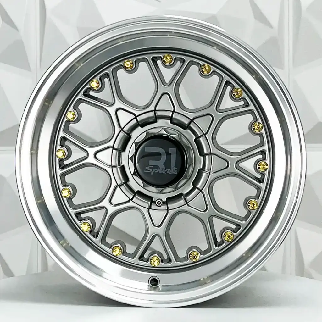 RIN 15X8.5 4-100/114.3 R1 SPORT 8001 GUNMETAL MACHINE LIP GOLD RIVETS ET15 CB73.